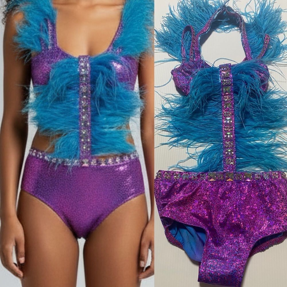 Competition Custom Glam solo dance costume purple blue sassy feathers jazz LC